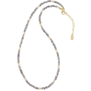 Handmade necklace with grey aquamarine beads, white pearls, and gold-plated ring accents