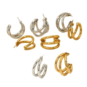 Boucles d'oreilles créoles à trois couches entrelacées en acier inoxydable or et argent