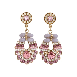 Vintage gold-plated drop earrings with pink crystals and lavender beads in royal style