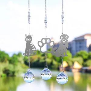 Garden suncatcher set featuring metal pet paw prints and cats with crystal ball pendants