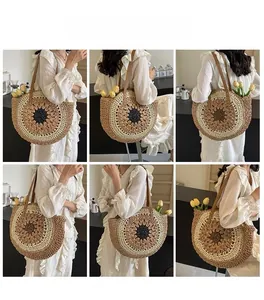 Detailed views of the sunflower paper rope woven bag with brown leather shoulder straps
