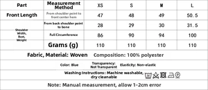 Size chart detail for vertical stripe vest and straight pants set with measurements