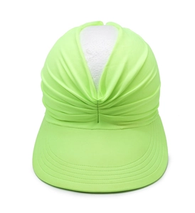 Detail of neon green pleated sun visor with wide brim and stitched reinforced edges