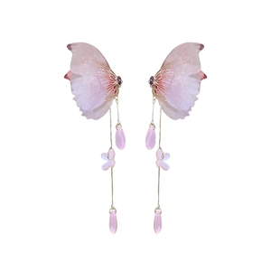 Elegant butterfly tassel earrings with pink gradient wings and drop beads on white background