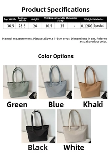 Detailed size chart for large fashion tote bag showing dimensions and colors