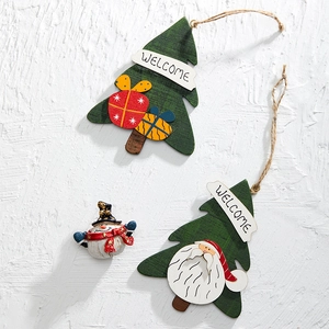 Welcome Sign Christmas Tree Hanging Ornaments Painted Wood Santa Claus Gift Box Design Rustic Holiday Home Decor