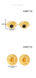 Detail view of gold stainless steel evil eye and irregular sun disc stud earrings