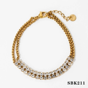 Elegant gold double-layer stainless steel bracelet with sparkling rhinestone inlay decoration
