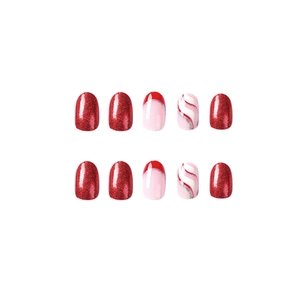 Red glitter and white swirl pattern short round press-on nails set for Christmas