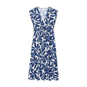 Ärmelloses Maxikleid Mit V-Ausschnitt Blau Weißem Blumendruck Kordelzug Taille Polyester Sommer Elegant