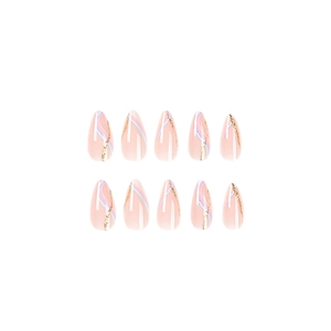 Pink almond press-on nails with white wave lines and gold glitter accents, set of 10 pieces