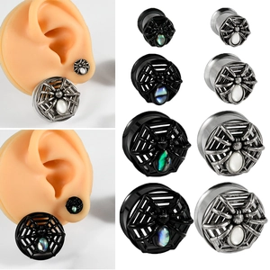 Spider Web Design Copper Ear Plugs With Artificial Shell Inlay Electroplated Gothic Punk Flare Ear Gauges Body Piercing Jewelry