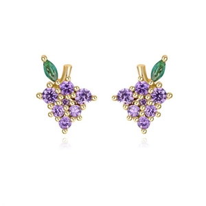 Detailed shot of grape-shaped stud earrings with purple zircons and green leaf gems