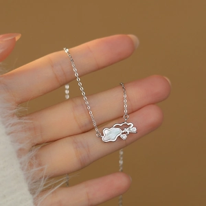 Minimalist S999 sterling silver cloud necklace with white shell inlay and zircon raindrop