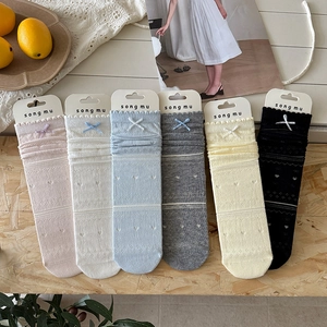 Women Crew Socks Combed Cotton Hollow Out Heart Mesh Bowknot Ruffle Trim Sweet Korean Style Thin Breathable Girls Ladies