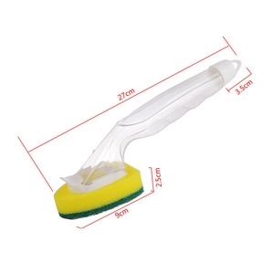 Long handle dish brush with yellow sponge and size dimensions on white background