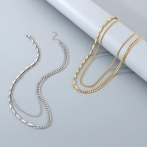Fashionable layered Cuban chain necklace set in gold and silver finish for men