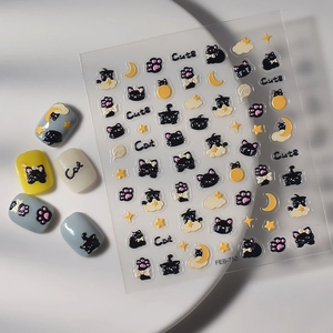 3D embossed nail art stickers featuring black cats, moon and stars on colorful nails