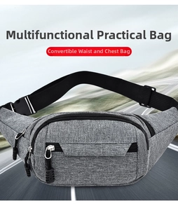 Macro detail of a grey oxford fabric sports waist bag with durable zippers and buckle