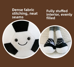 Detailed view of high-quality stitching and soft plush filling on the soccer ball toy