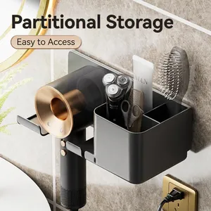 Wall-mounted bathroom hairdryer holder with multi-compartment storage rack in matte grey