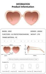 Detailed technical specifications and sizing dimensions for oversized heart sunglasses