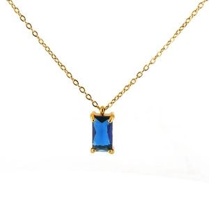 Square blue zircon pendant on 18K gold-plated stainless steel necklace chain