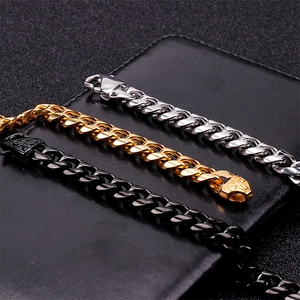 Three men's titanium steel Cuban link chains in gold, silver, and black finish