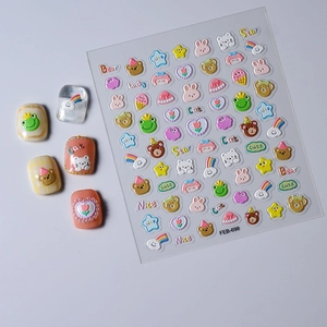Detaillierte 5D-geprägte Nagelkunst-Sticker mit süßen Comic-Bären und Tieren