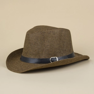 Men's summer straw fedora hat in brown with black band and metallic buckle detail