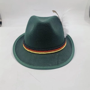 Detail of dark green felt hat with German flag rope band and white feather accent