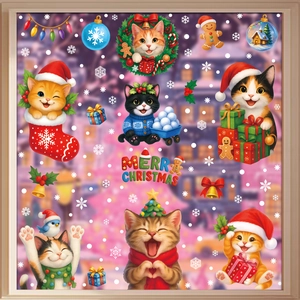 Christmas Window Clings Cute Cartoon Cat Static Stickers PVC Snowflake Double Sided Glass Decals Holiday Decor