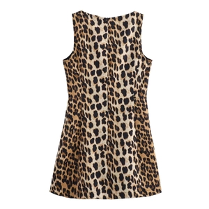 Women's leopard print sleeveless A-line dress with back zipper on white background