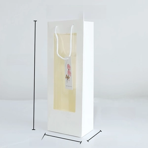 Close-up of white gift bag with PVC window and size specs 36x13x9cm shown at 45-degree