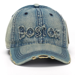 Vintage washed blue denim baseball cap with Boston embroidery and distressed details