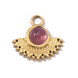 Detailed macro view of a gold fan-shaped pendant with a pink-purple natural stone inset