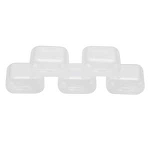 Set of 5 clear plastic square storage boxes for jewelry on a white background