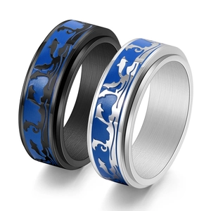 Bagues rotatives en acier inoxydable noir et argent avec motifs de dauphin bleus