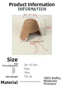 Size guide for raffia sun hat showing 54-57.5cm circumference and 100% natural fiber