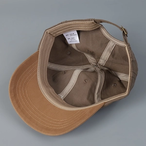 Unisex 100% cotton baseball cap in khaki with adjustable buckle and interior label