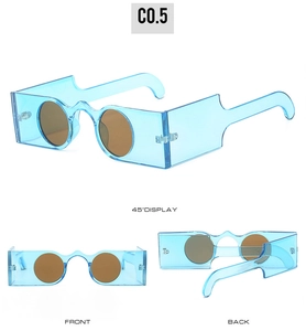 Detailed views of sky blue square sunglasses with round brown lenses from multiple angles