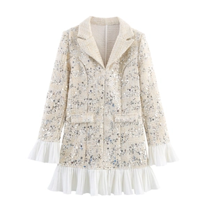 Robe Blazer En Tweed À Paillettes Avec Ourlet Plissé En Mousseline Manches Longues Élégante Robe De Soirée Mini