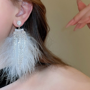 Close-up of sparkling rhinestone tassel earrings with soft white feathers on model