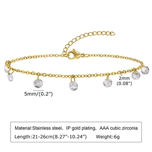 Detail view of gold-plated stainless steel anklet showing 2mm and 5mm CZ charms