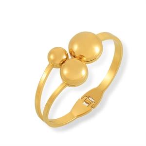Polished gold-plated stainless steel spring cuff bracelet with three beads ornament