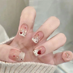Short Square Round Press On Nails Nude Pink Red Heart Glitter Star Patterns Sweet Cute For Women Daily Wear
