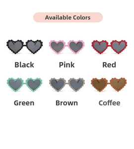 Detailed grid of heart-shaped sunglasses with wavy frames in six various colors