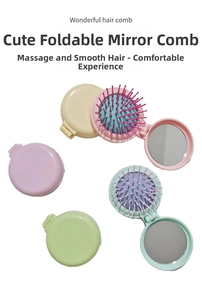 Overhead view of colorful folding hairbrushes with built-in mirrors in macaron colors