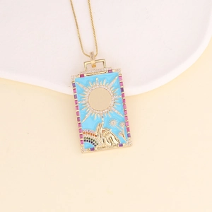 Vintage 18K gold plated rectangular sun pendant necklace with blue enamel and zircon