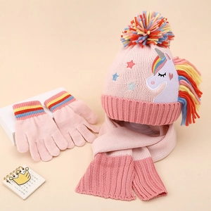 Enfants Hiver Chaud Tricoté Acrylique Licorne Bonnet Écharpe Et Gants Pompon Dessin Animé Rose Accessoires Pour Filles